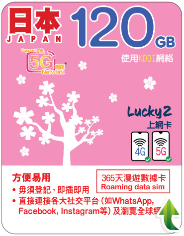 365天 | 日本 (KDDI) 漫遊數據 120GB