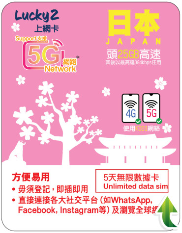 5天 | 日本 (KDDI) 漫遊數據 25GB-∞