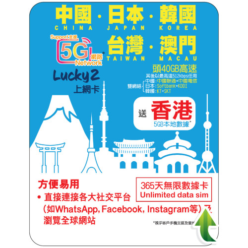 365天 | 中日韓台澳+香港 漫遊數據 40GB-∞ + 香港數據 5GB