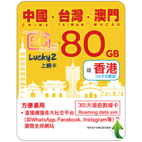 365天 | 中國、台灣、澳門 漫遊數據 80GB + 香港數據 5GB
