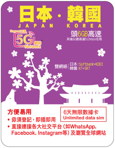 6天 | 日韓 漫遊數據 6GB-∞