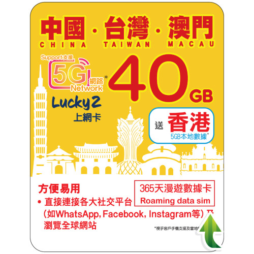 365天 | 中國、台灣、澳門 漫遊數據 40GB + 香港數據 5GB