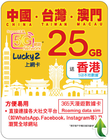 365天 | 中國、台灣、澳門 漫遊數據 25GB + 香港數據 5GB