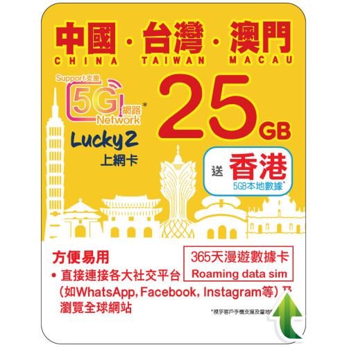 365天 | 中國、台灣、澳門 漫遊數據 25GB + 香港數據 5GB