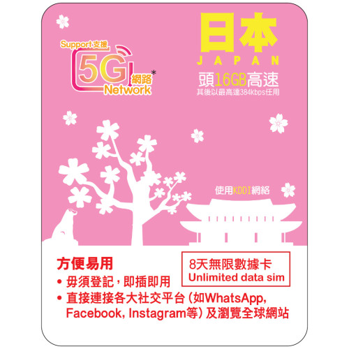 8天 | 日本 (KDDI) 漫遊數據 16GB-∞