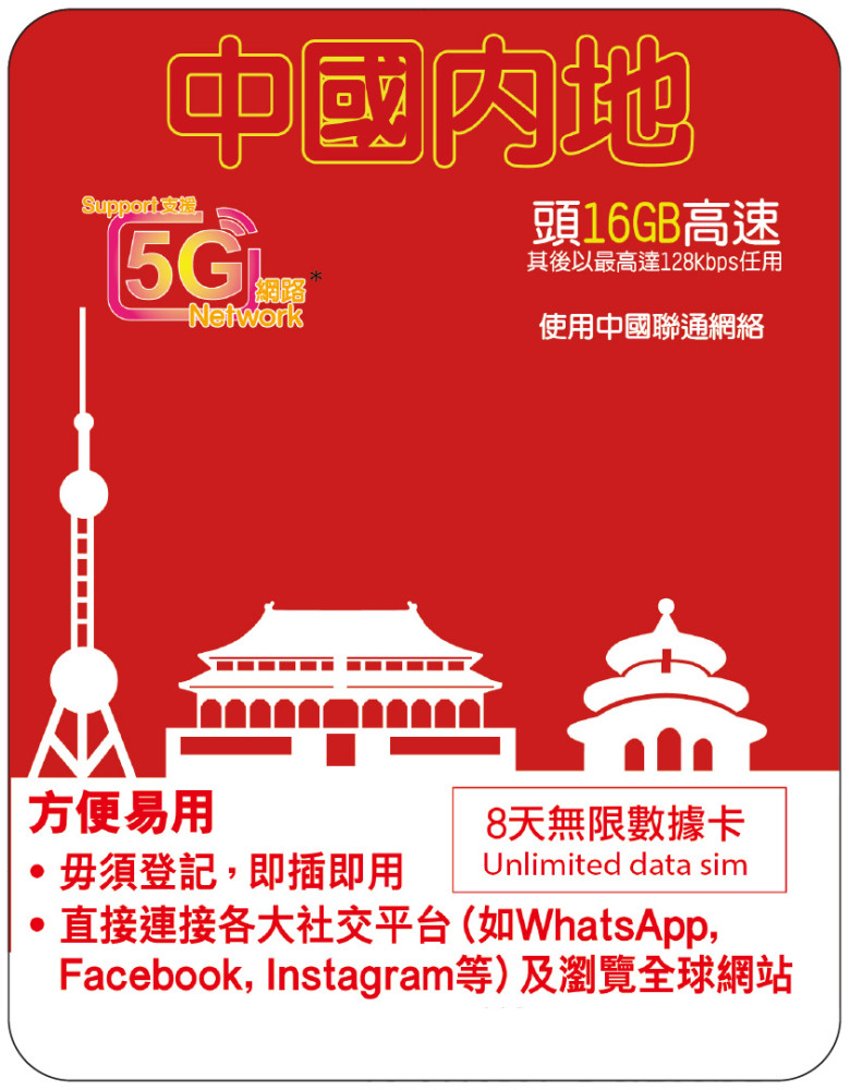 8天 | 中國 (聯通) 漫遊數據 16GB-∞
