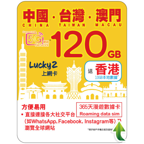 365天 | 中國、台灣、澳門 漫遊數據 120GB + 香港數據 10GB