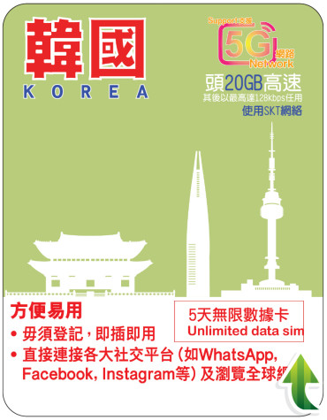 5天 | 韓國 (SKT) 漫遊數據 20GB-∞