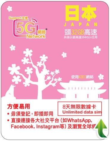 8天 | 日本 (KDDI) 漫遊數據 32GB-∞