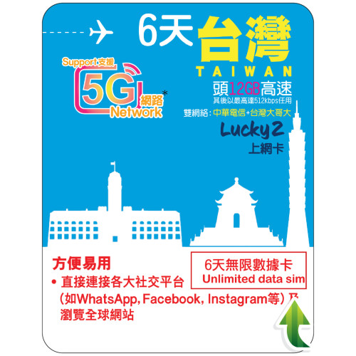 6天 | 台灣 漫遊數據 12GB-∞