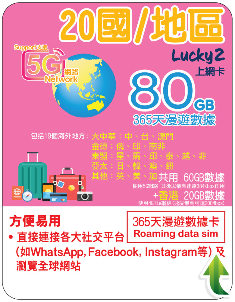 365天 | 19國+香港 漫遊數據 60GB-∞ + 香港數據 20GB