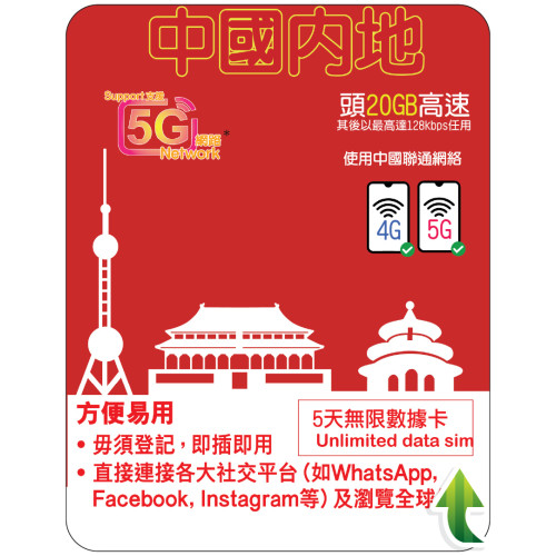 5天 | 中國 (聯通) 漫遊數據 20GB-∞